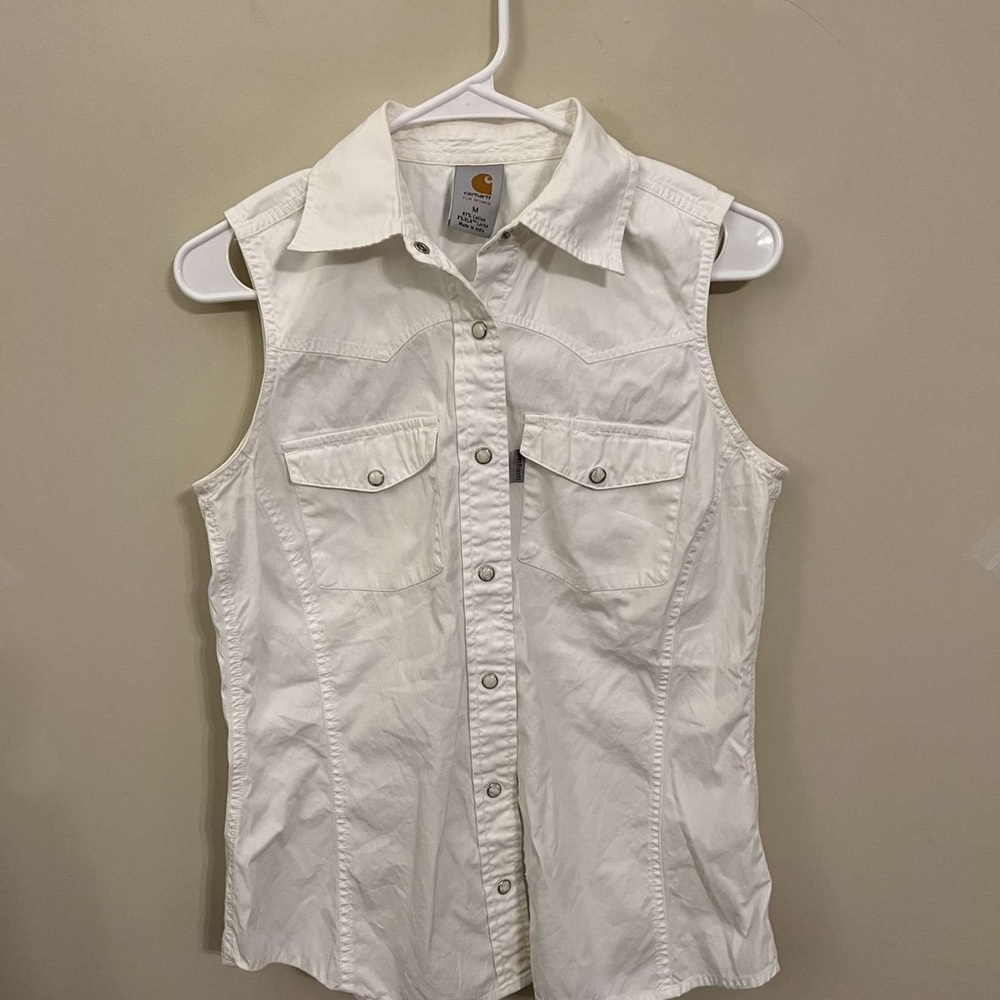 Woman’s White Carhartt Vest Pearl button up size Medium